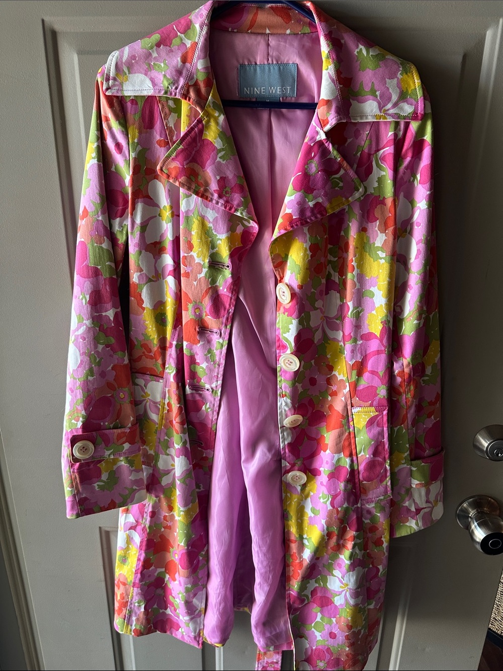 Nine West Pink Floral Print Trench Coat with Multicolor Blooms